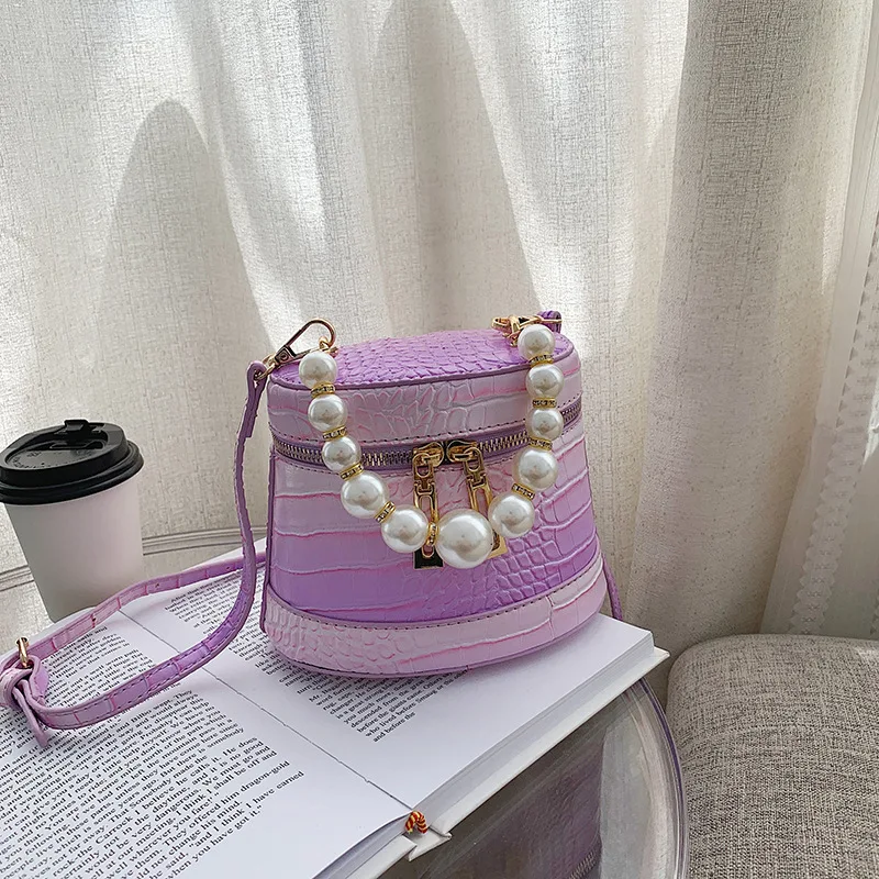 New Arrival Ladies Mini Crocodile Pattern Pu Crossbody Women Pearl Handle Bucket Hand