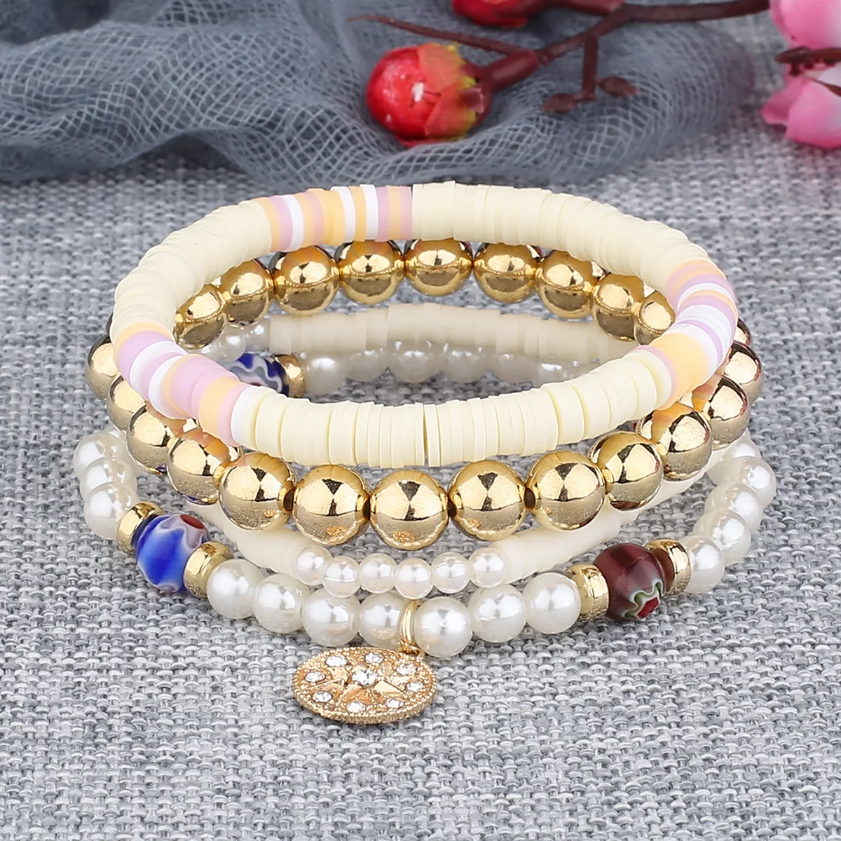 European and American Cross-Border Fashionable Ceramic Plate Set - Bohemian Style Glass Bead Multi-Layer Bracelet and Hand Jewel