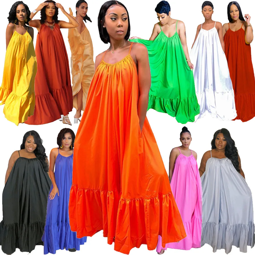 2022 Summer Sexy Plus Size Women Clothing Spaghetti Strap Solid Color Oversized Loose Women Casual Long Dress Maxi Dress