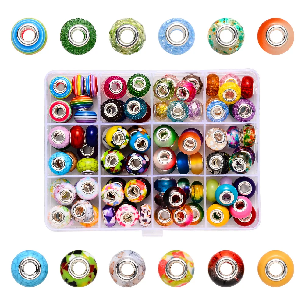 Hobbyworker 96pcs 14*9mm European Colorful Acrylic Large Hole Mix Beads Bracelet Necklace Jewelry