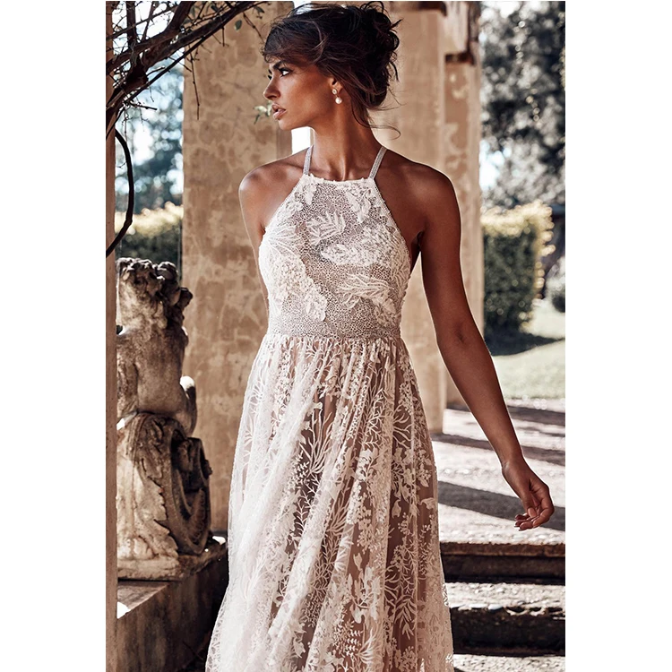 Wholesale Cheap Casual Backless Halter Maxi White Evening Dress Long One Piece Lace Party Elegant Dresses For Wedding