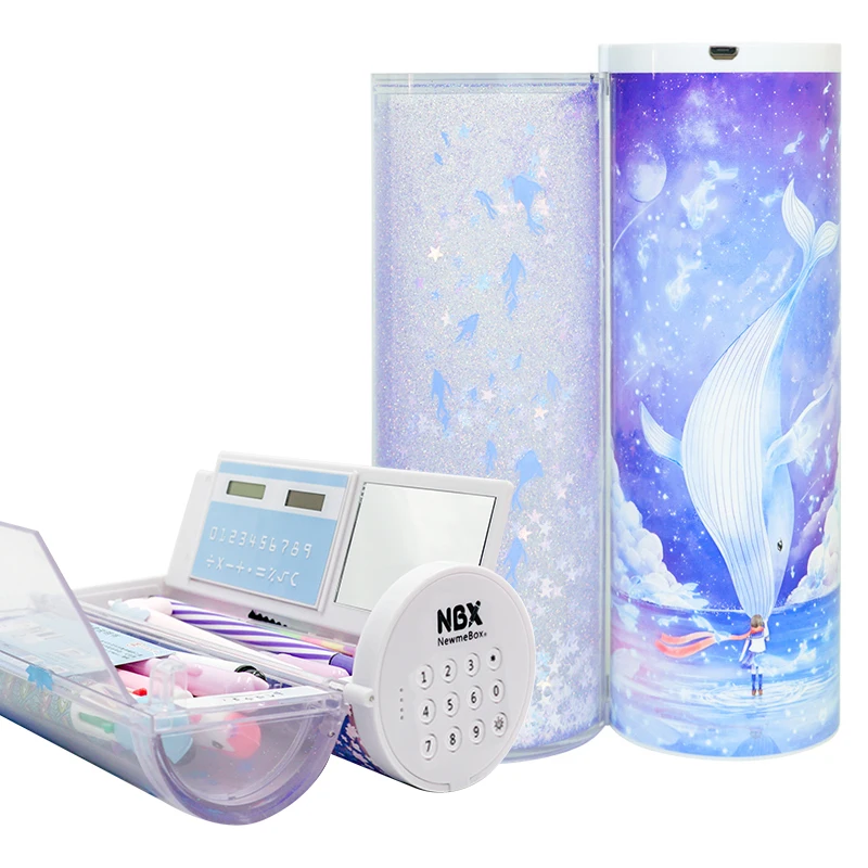 
Newmebox Glitter Blue Quicksand Unusual Pencil Box School Plastic Pencil Case With Password Lock For Students 