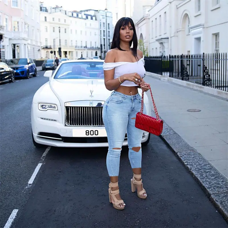 Sexy hollow women demin jeans skinny high-waisted denim trousers with eyelets color straps skinny plus size jeans denim ladies