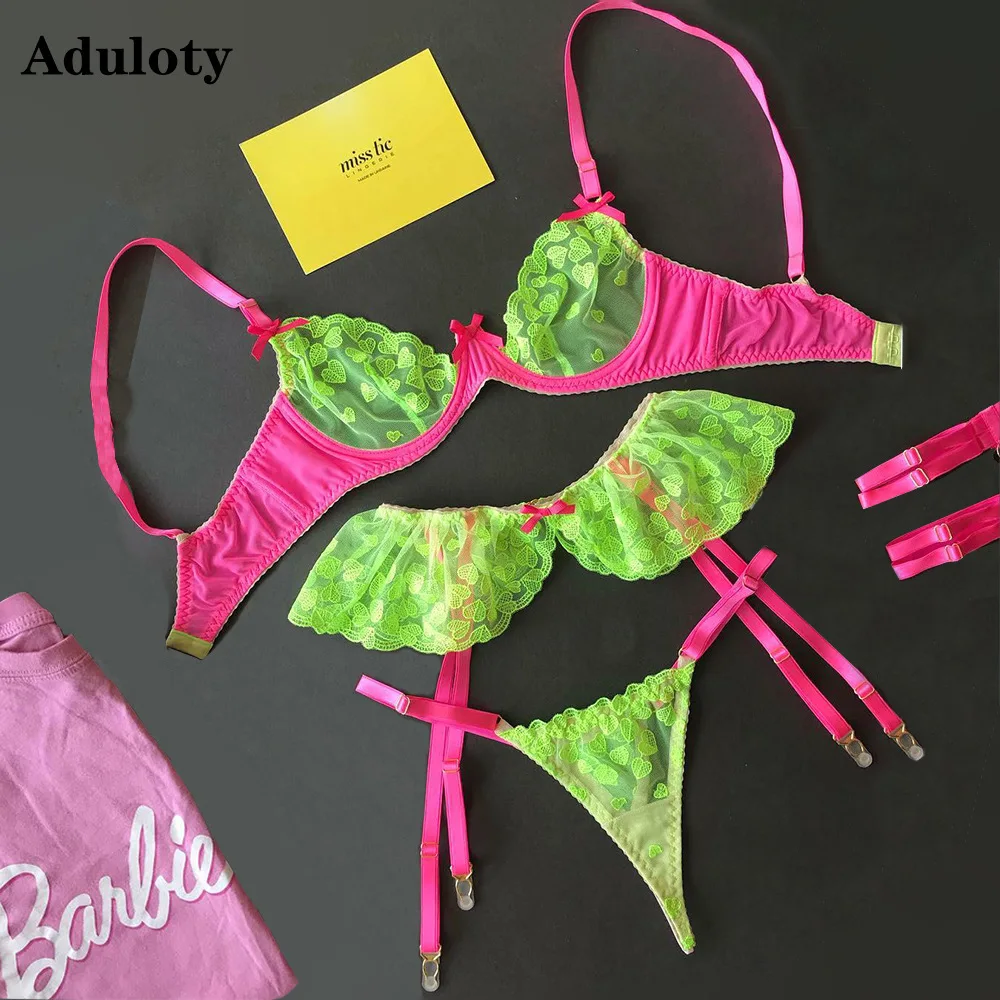 New Arrival women Sexy high quality hollow out hot color fluorescent green crash pink sexy lingerie bra and panty sexy lingeries