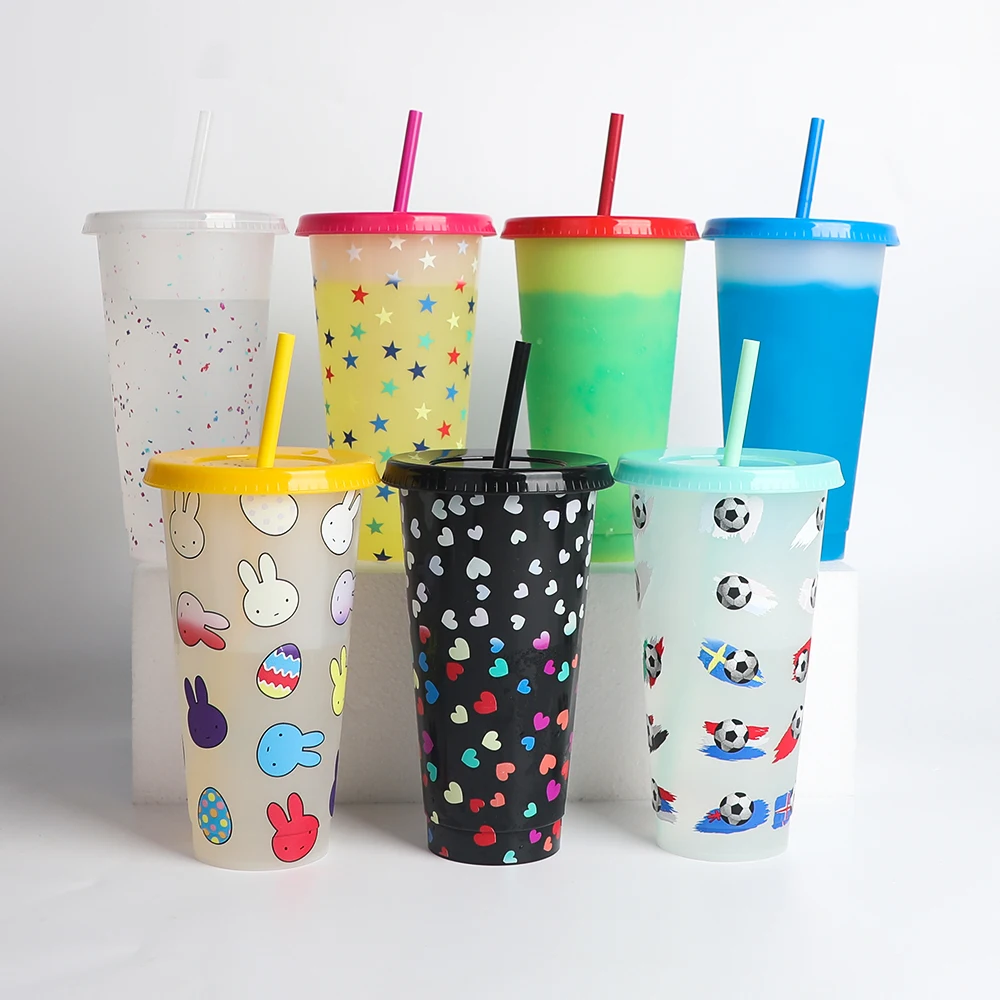 Easter cup plastic cold tumbler 24oz kids gift mug reusable color changing cups with lids straws for party