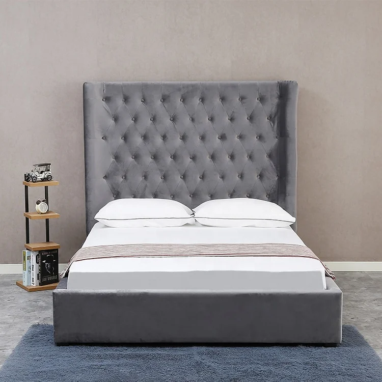 Willsoon Modern Simple Design Wing Back Double Bed Frame Platform Style Velvet Fabric Button Wood Leather Upholstery
