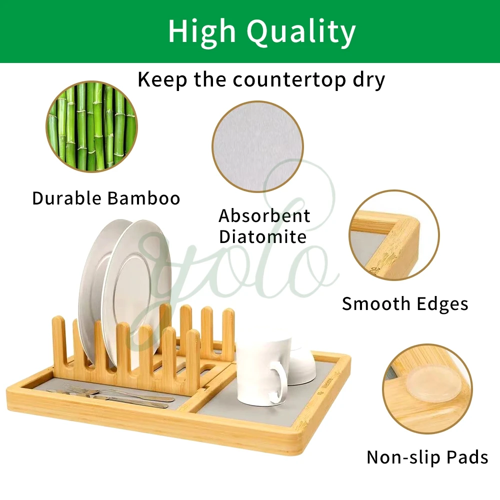 Foldable Collapsible New Bamboo Diatomite Stone Dish Quick Drying Mat With Water Absorbing Earth Tray For Kitchen Counter