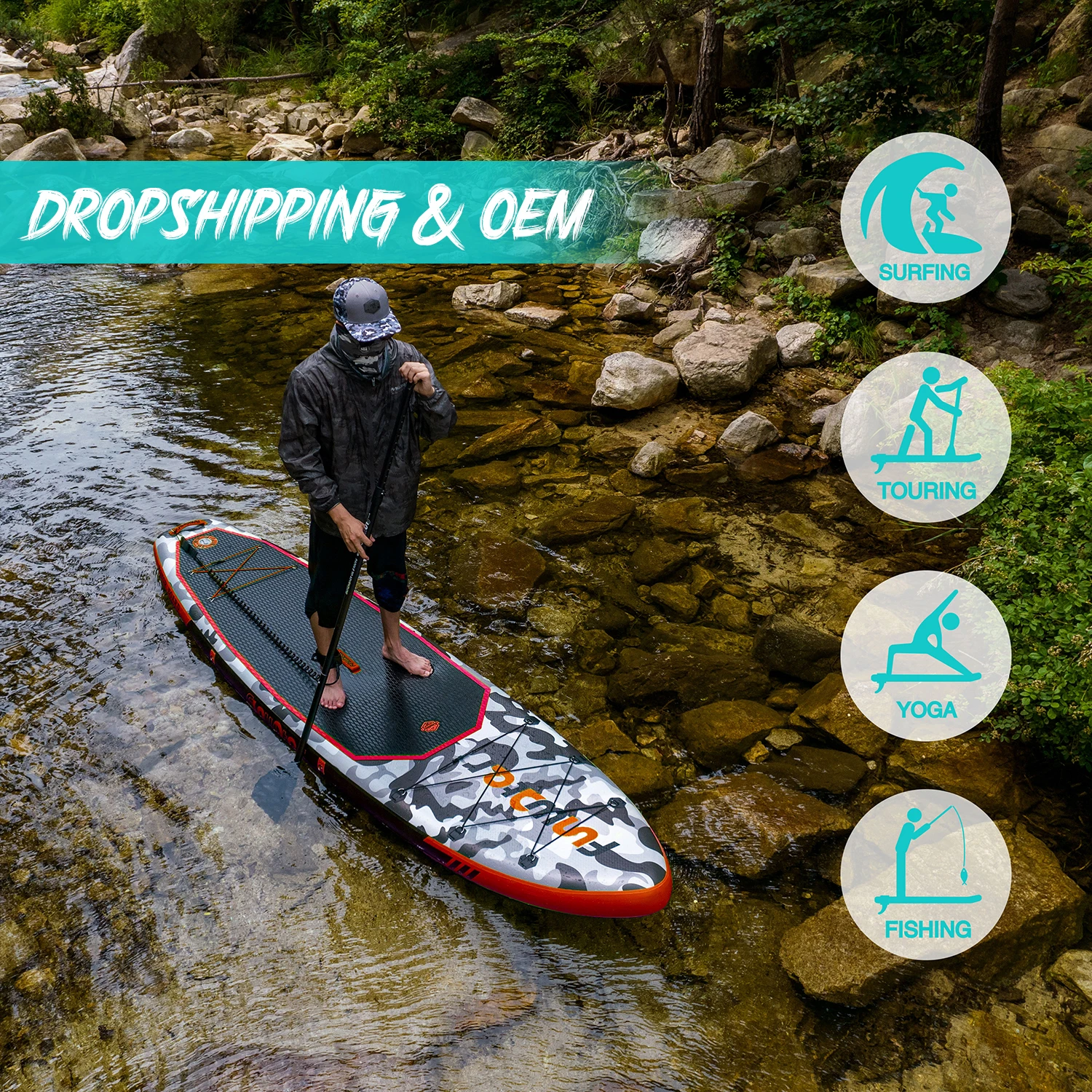 FUNWATER Dropshipping OEM paddle board inflatable sup double layer surf leash stand up paddle board supboard iboard