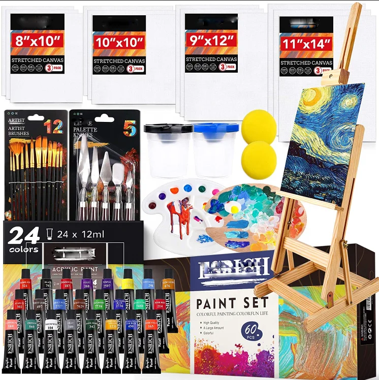 Acrylic Paint,Easel, Canvases,Palette, Paint Knives acrylic sheet painted, 60 Pieces with Paint Brushes