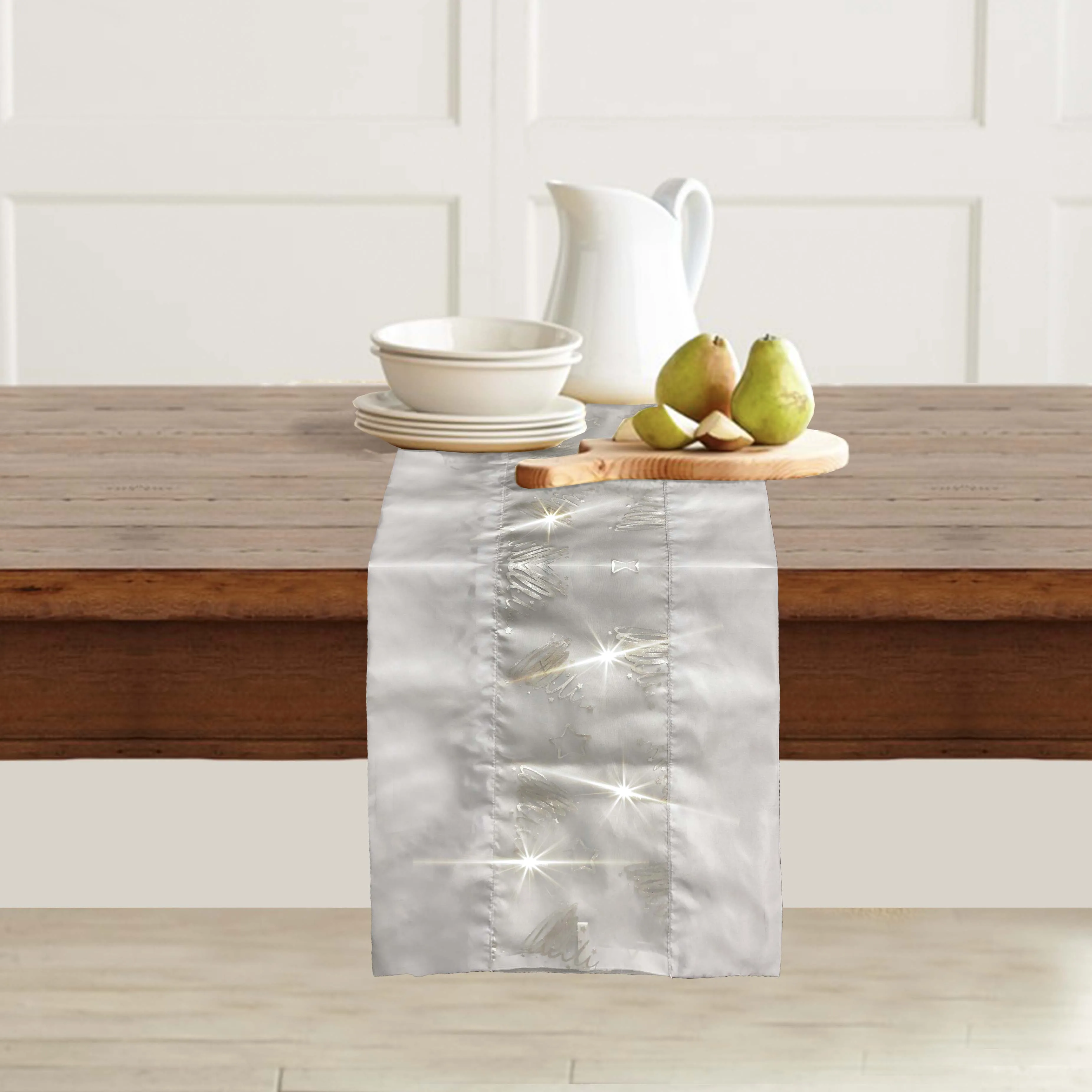 2021 Рождественская настольная дорожка с блестками и светло-серебряной фольгой, Настольная дорожка из органзы с принтом для свадьбы, домашний декор