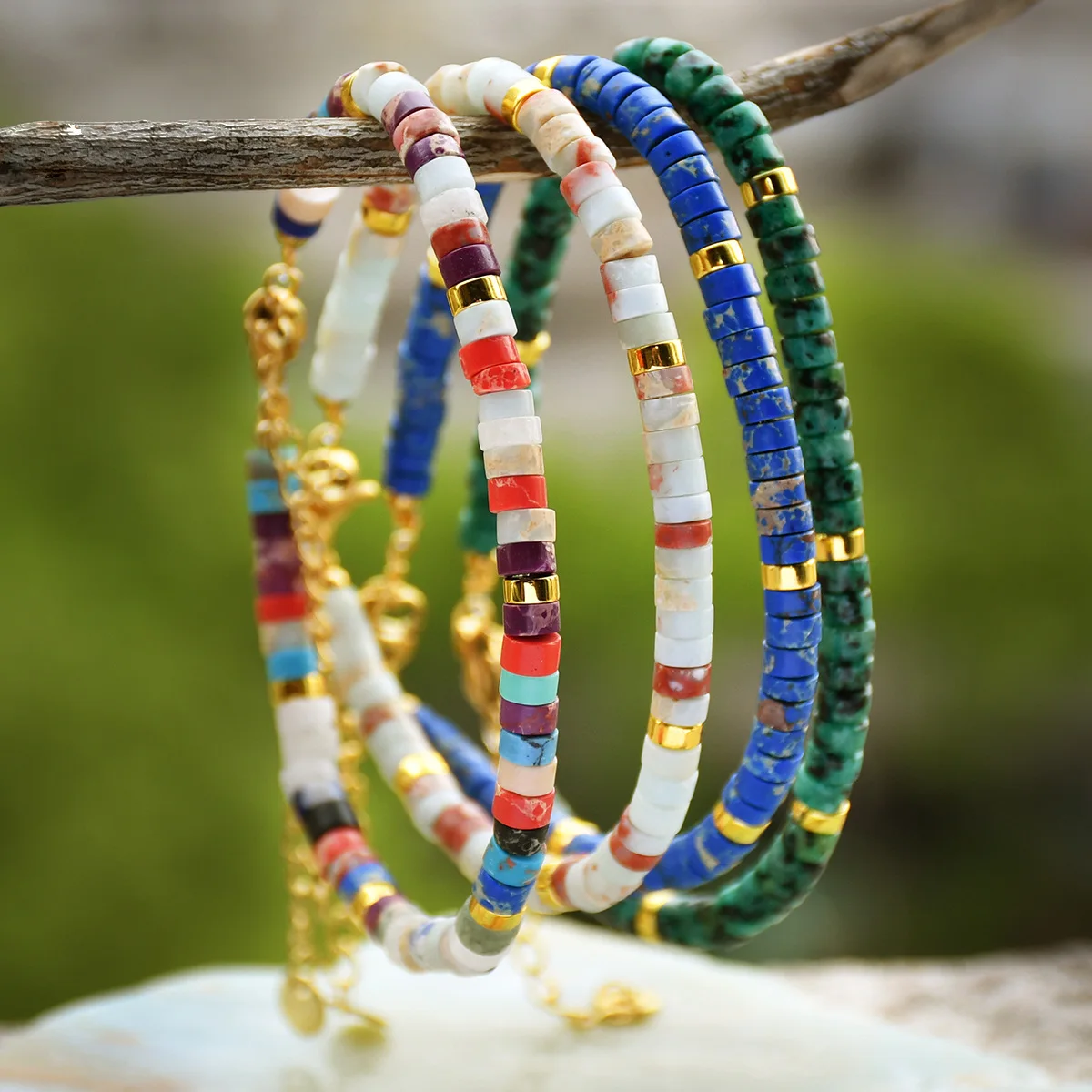 18k Gold PVD Stainless Steel 2x4mm Natural Stone Beads Dainty Bracelet Women Clasp Chain Adjustable Healing Bracelet Wholesale