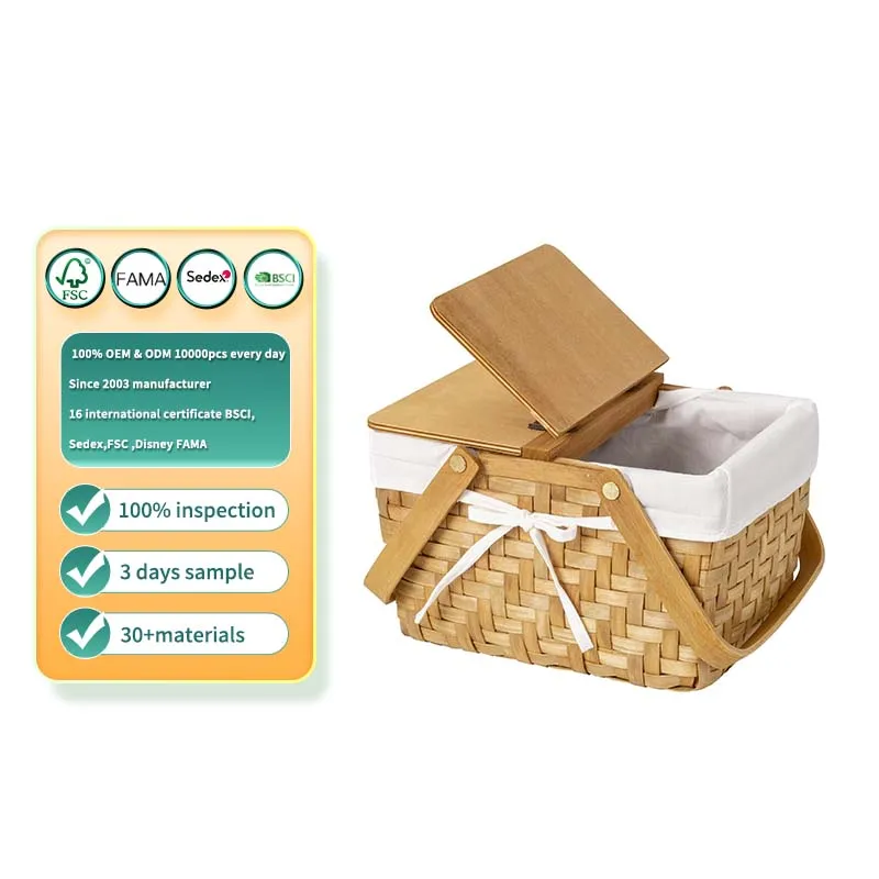 Wholesale picnic basket with folding handle, double flip cover, gift woven basket suitable for camping storage