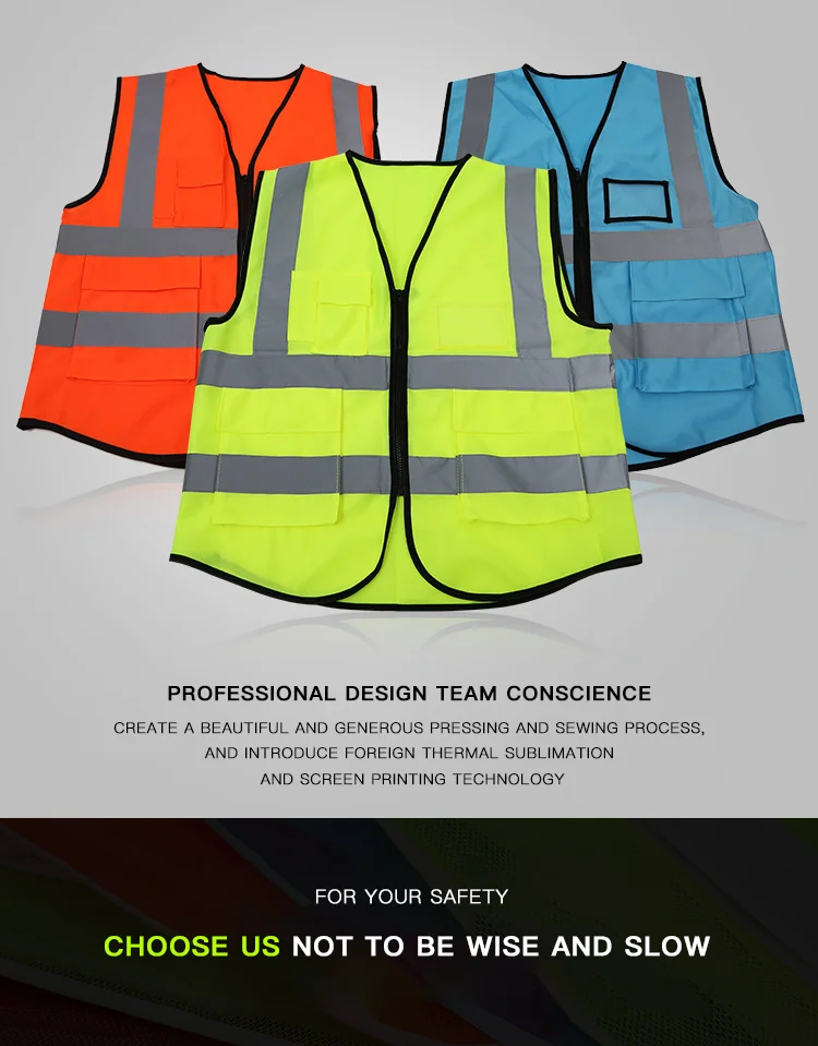 9 Pockets Class 2 High Visibility Zipper Front Safety Vest With Reflective Strips