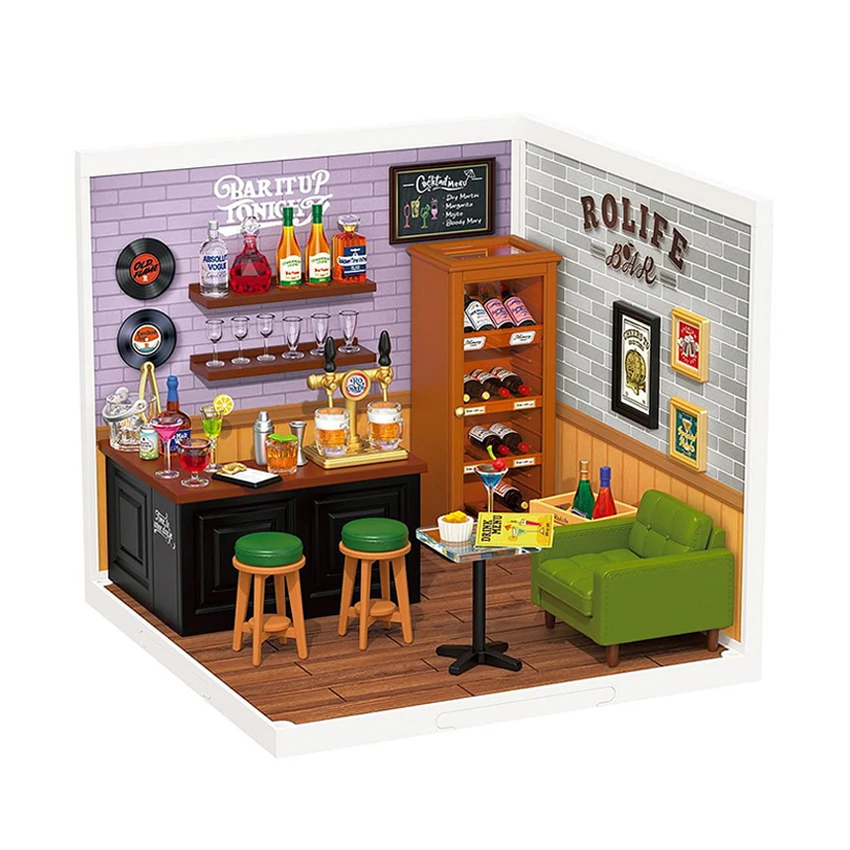 Robotime Rolife DIY Miniature House Kit DW012 Leisurely Cheers Bar Assembled Toys Gift Set 3D Plastic Puzzle