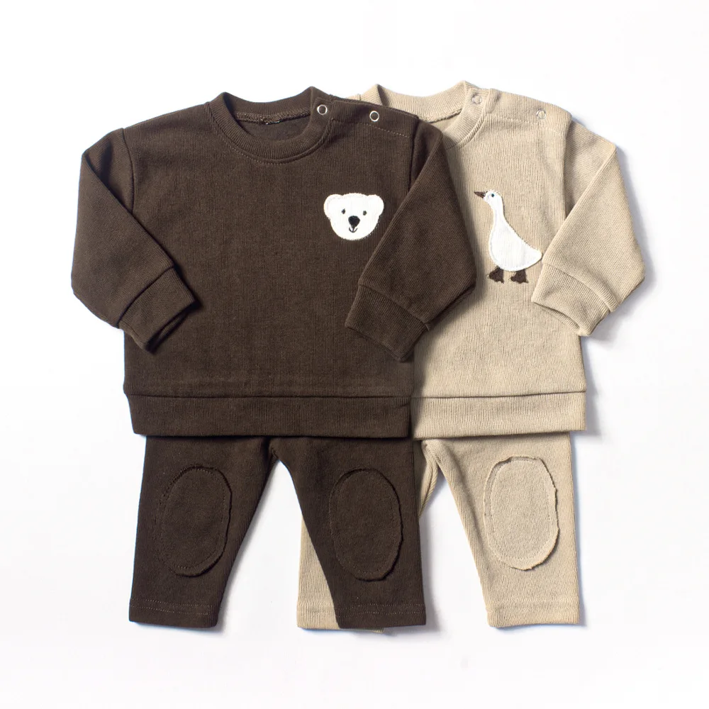 Boys Sweater Suit Beige Colored Wool Material Bear Goose Embroidery Baby Clothes Two-Piece Set Baby Boy Clothes 0-3 Months