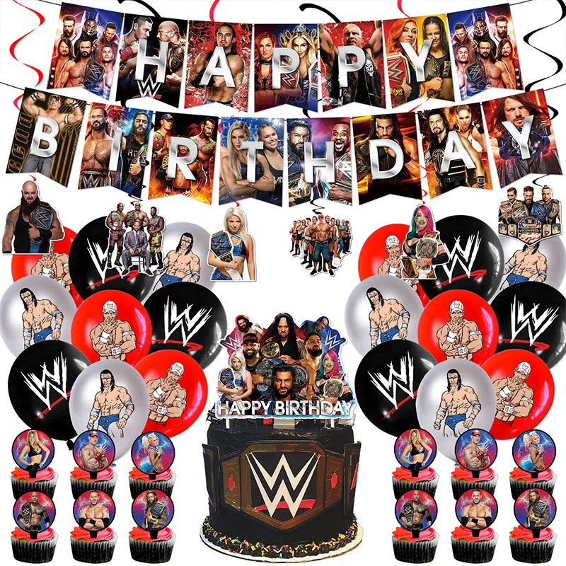 Wholesale Wrestling Match WWE Theme Party Banner Flag Cake Topper Latex Balloon Sets For Party Supplies