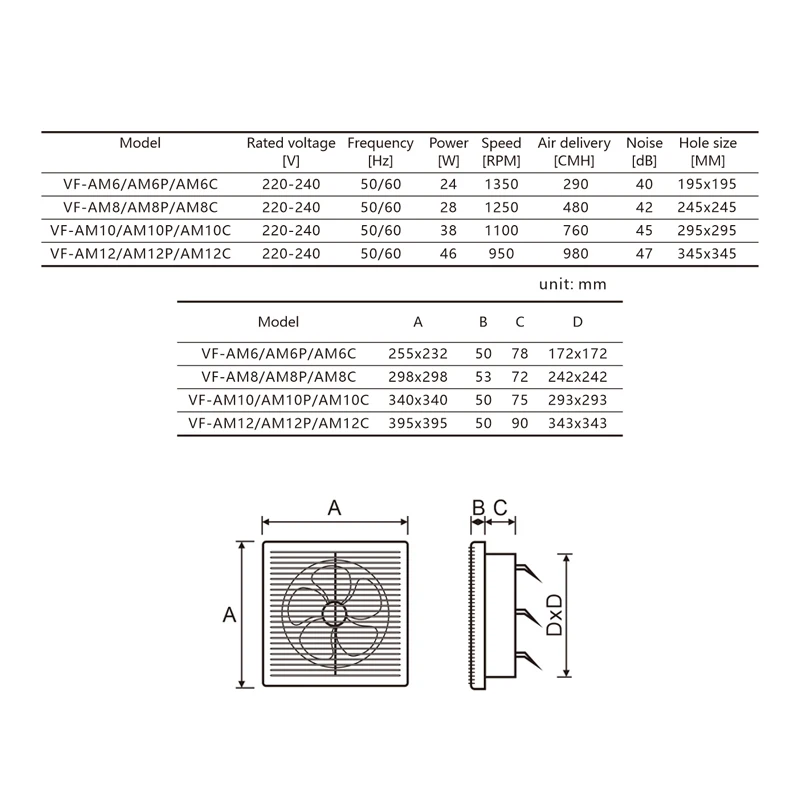 Angega AM6 8 10 12 inch Window shutter Plastic Metal back Square Wall mounted  bathroom exhaust fan Kitchen Ventilation Fan