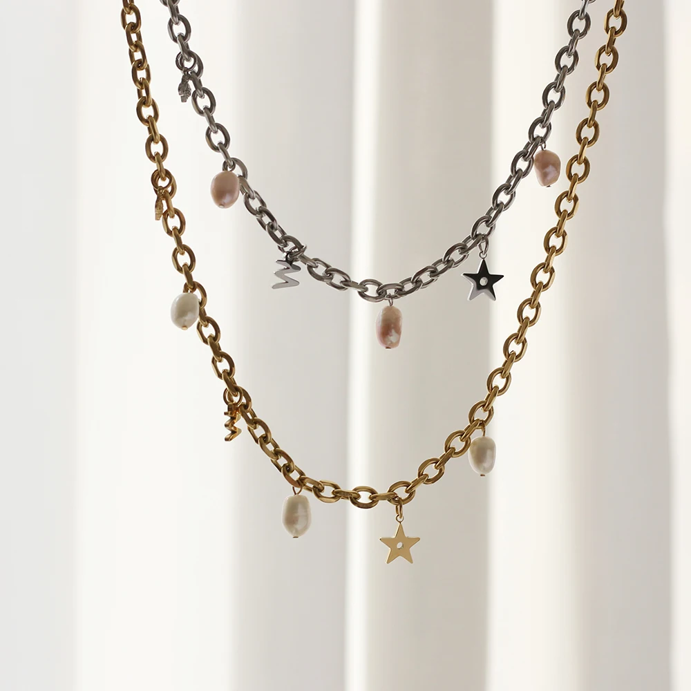 Stainless steel cute animal bee star charms Freshwater pearl chain Choker Short chain Street Europe stainless steel necklace