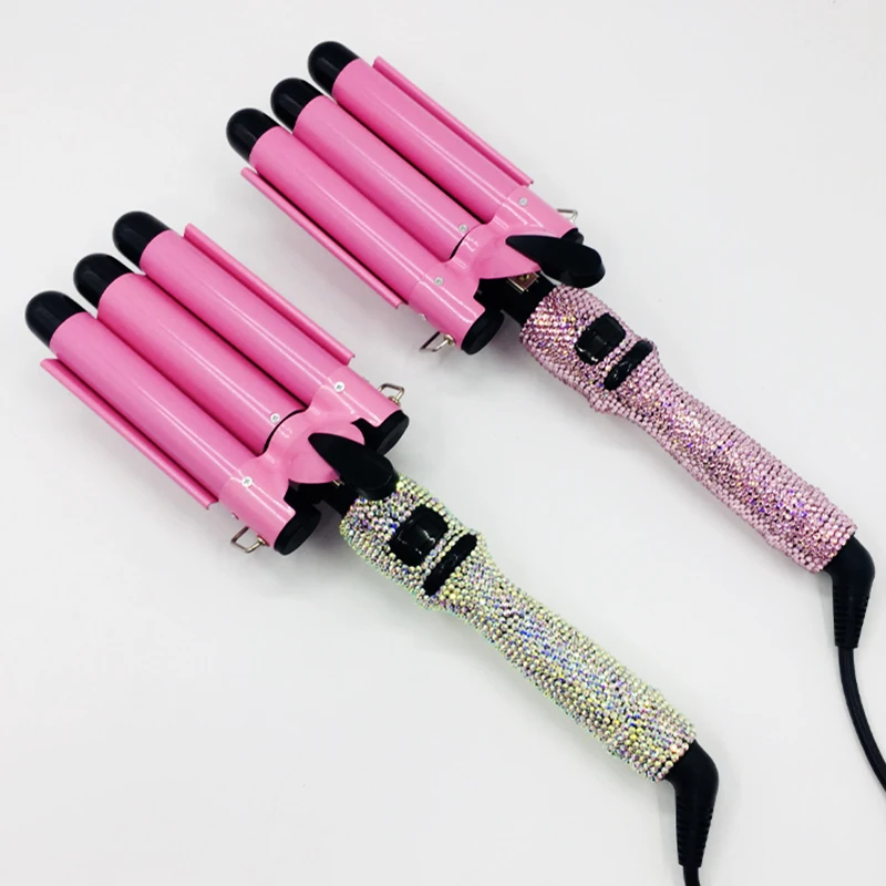 LCD Display Bling 3 Barrel Curling Iron Wand Triple Pink Crystal Hair Crimping Iron