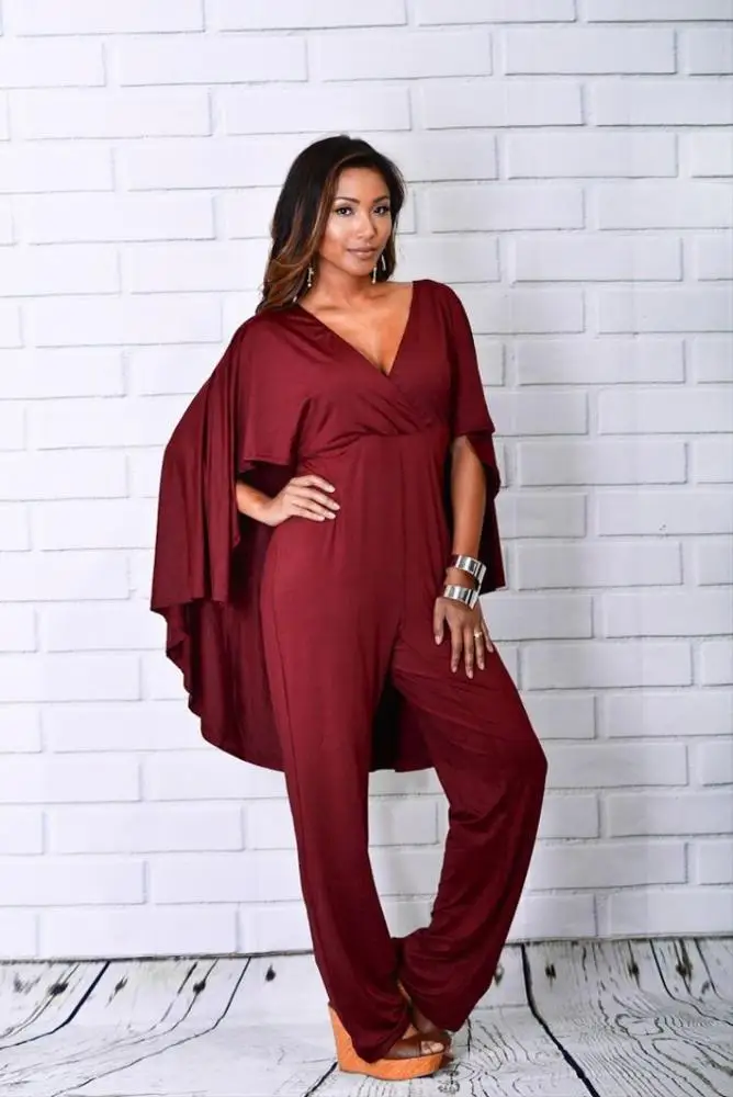 2019 Factory Price Women Sexy V-Neck Plain Color Cape Jumpsuit Women Jumpsuits And Rompers