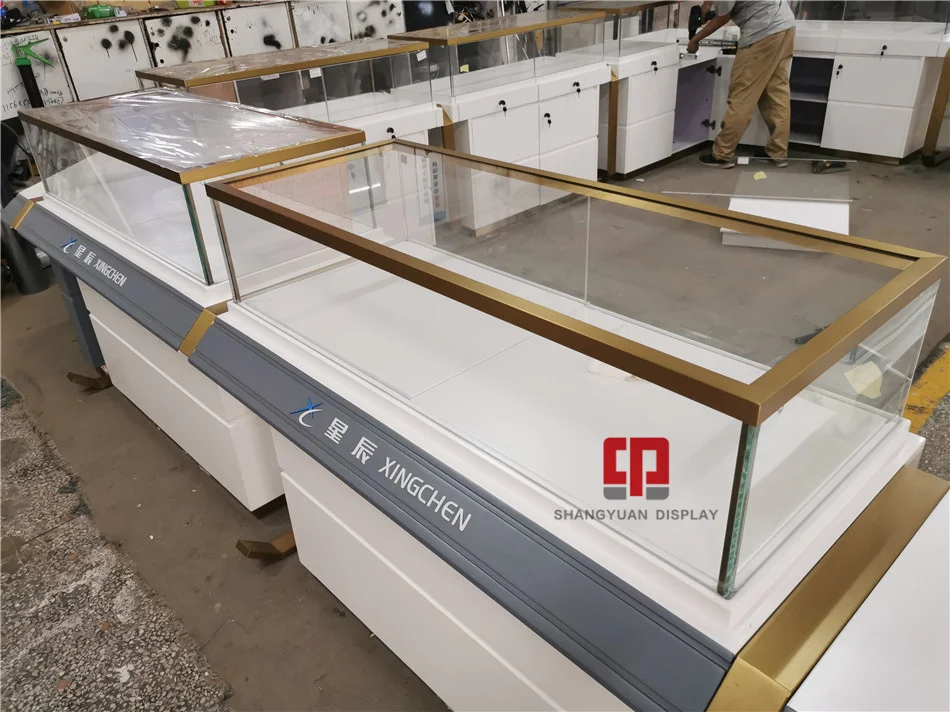 Customized wooden glass display cabinet gold jewelry kiosk paint showcase manufacturer jewelry display counter furniture