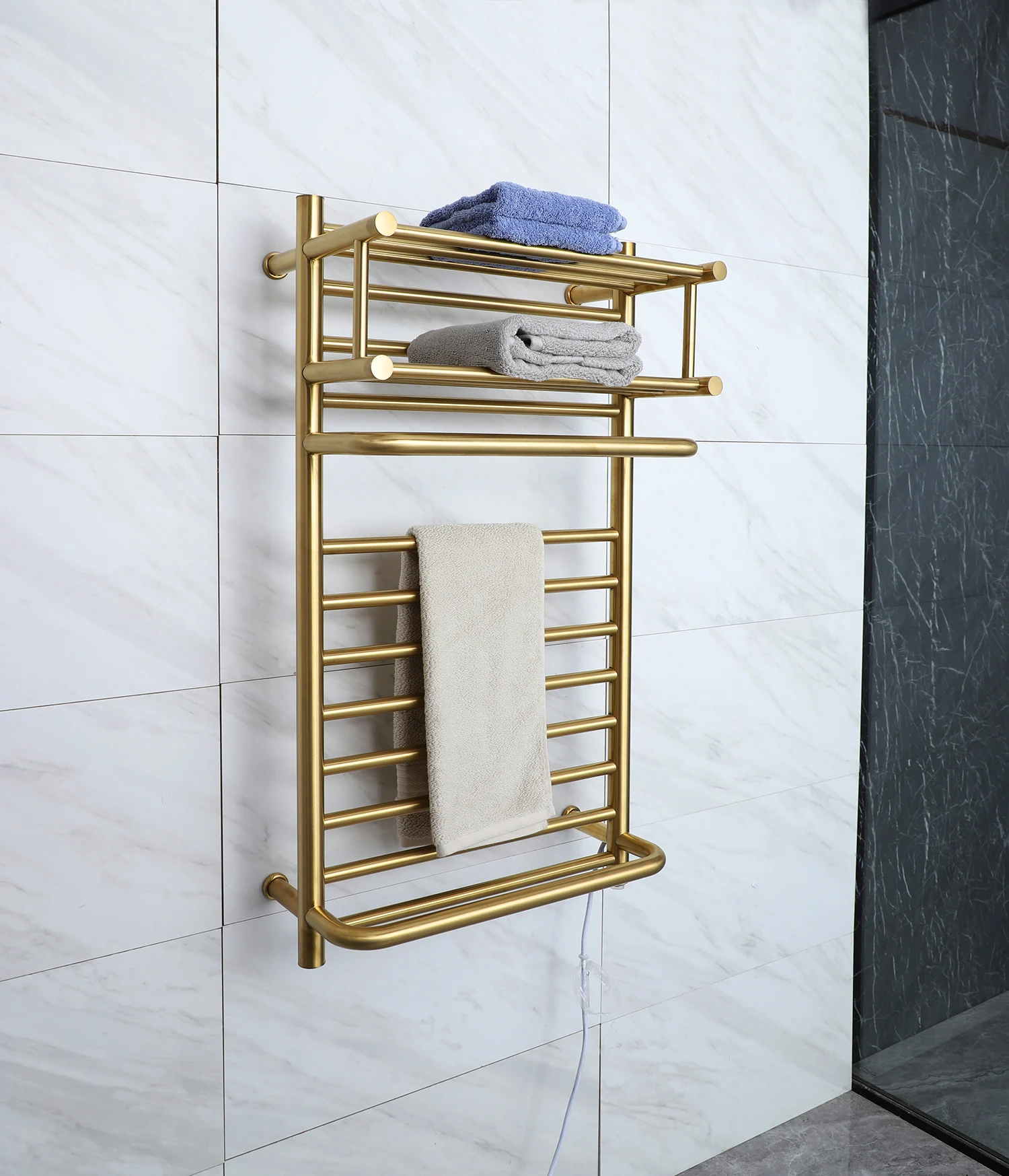 Factory Brushed Gold Smart Control Electric Towel Rack Towel Heater Bathroom Radiator With Shelf Wall Mount