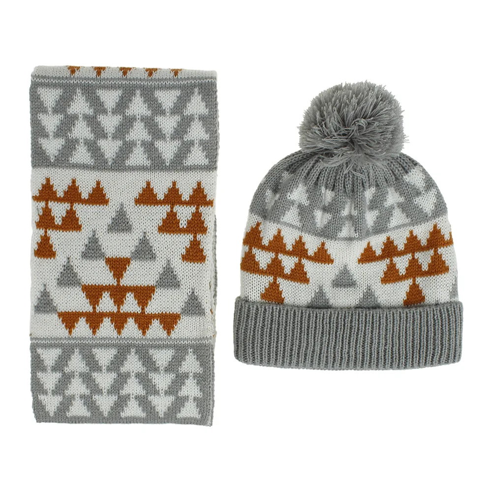 Children Boys and Girls Winter Warm Hat and Scarf Suit Kids Carton Jacquard Pom Pom Beanie and Scarf Set