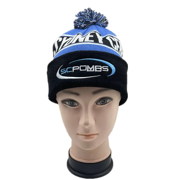 Оптовая продажа, индивидуальная шапка с вышитым логотипом, тканая этикетка, 100% акриловая Шапка-бини с помпоном, вязаная шапка, зимняя шапка