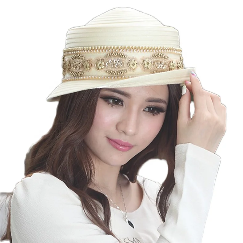 Simple Versatile Classic Fascinators Wide Brim Ladies Women Banquet Satin Cloth Fedora Sun Hats Party Diamond Church Hat Caps