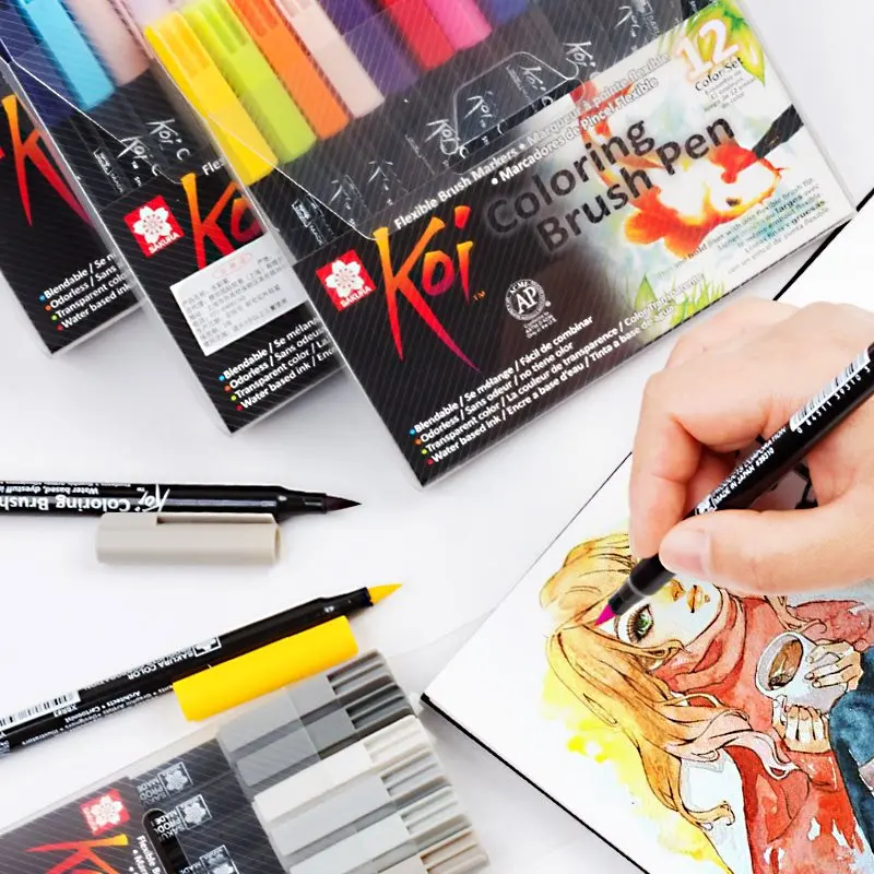 Hot Selling Sakura Koi XBR-6/12/24/48 colours watercolor brush marker pen set art drawing colouring paint water brush pen
