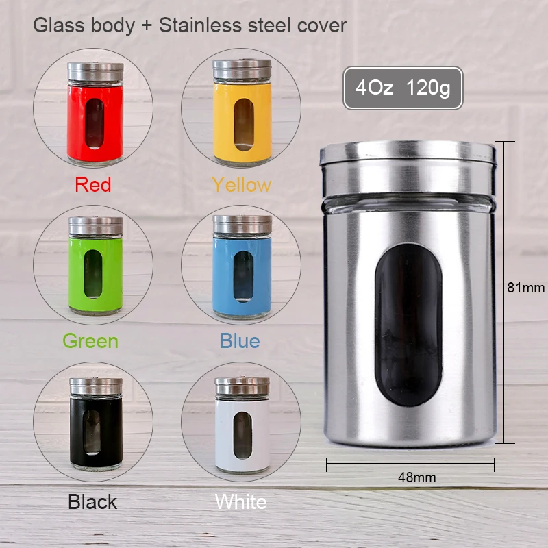Stainless Steel Cover 4oz 120ml Round Glass Condiment Seasoning Bottle Glass Spice Jar with Stainless Salt Shaker