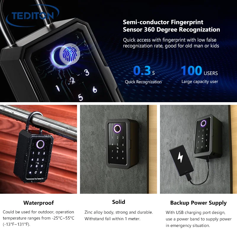 Tediton Waterproof Safe Ttlock Code Combination Storage Smart Key Box for House Key Storage
