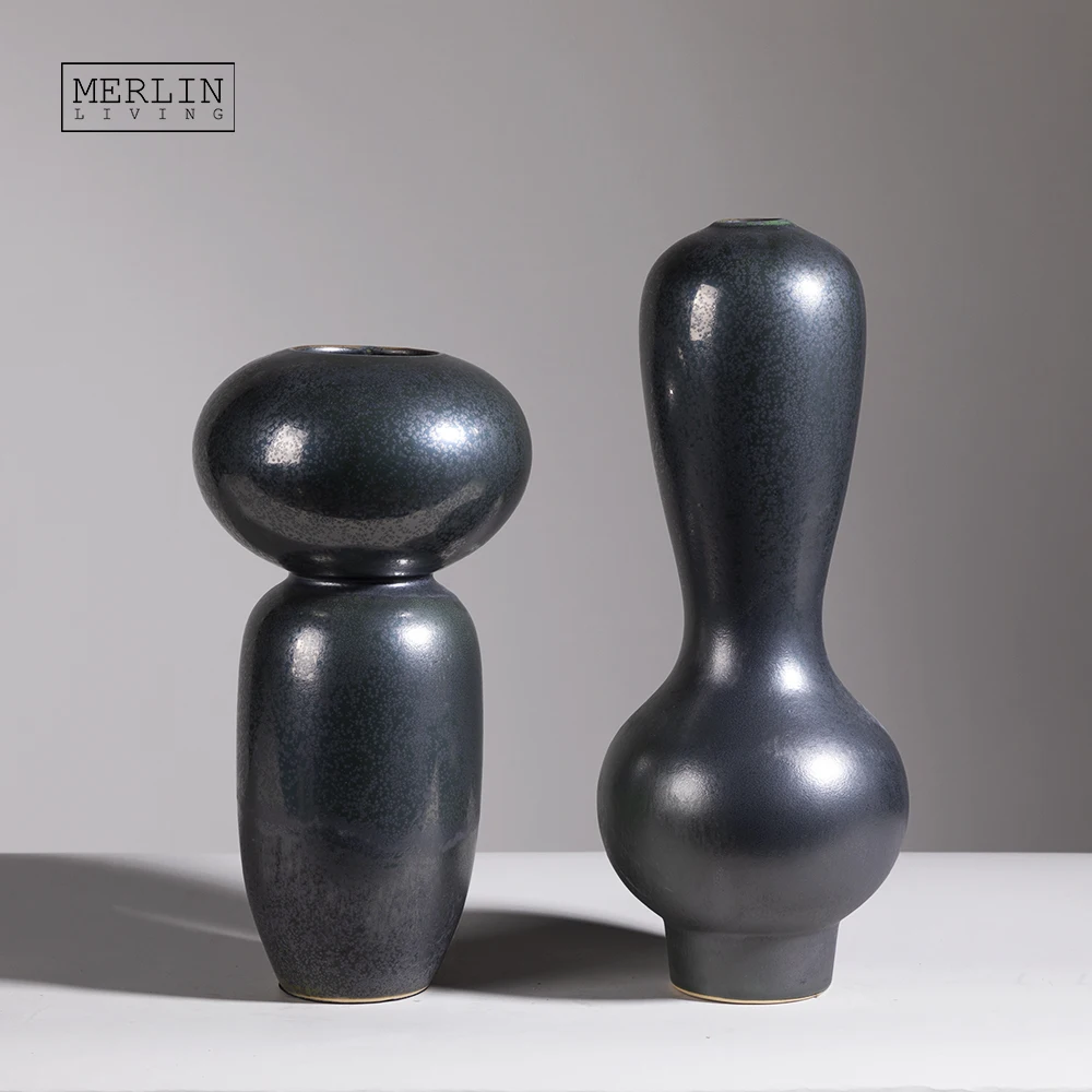 Merlin Living Vase Accessories living room Vintage Nordic Modern Flower Vase Metal Glazed Porcelain Round Shape With CeramicVase