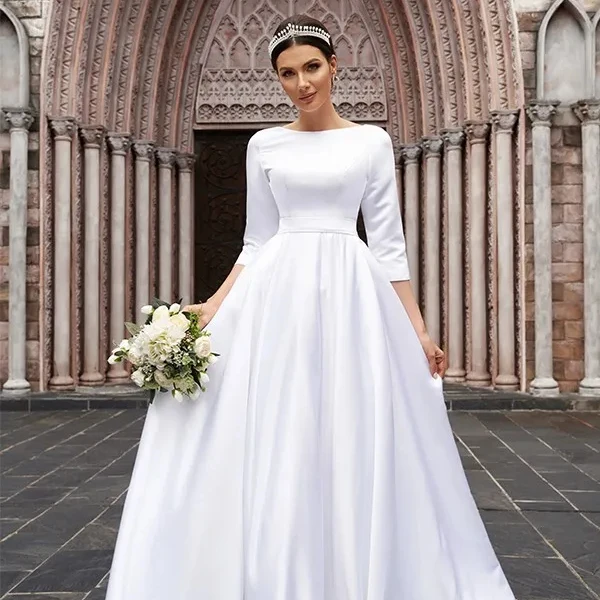 A-Line/Princess Satin Bowknot Bateau 3/4 Sleeves Sweep/Brush Train Wedding Dresses