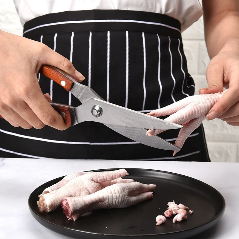 Hot Sale Wooden Handle Kitchen Scissor 304 Stainless Steel Strong Super Sharp Chicken Bone Scissors