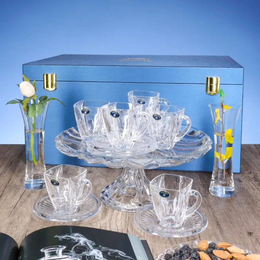 Luxury Bohemia Crystal Glass Wear Cups and Saucers and Fruit Plate and Vases Leather Box Gift Set