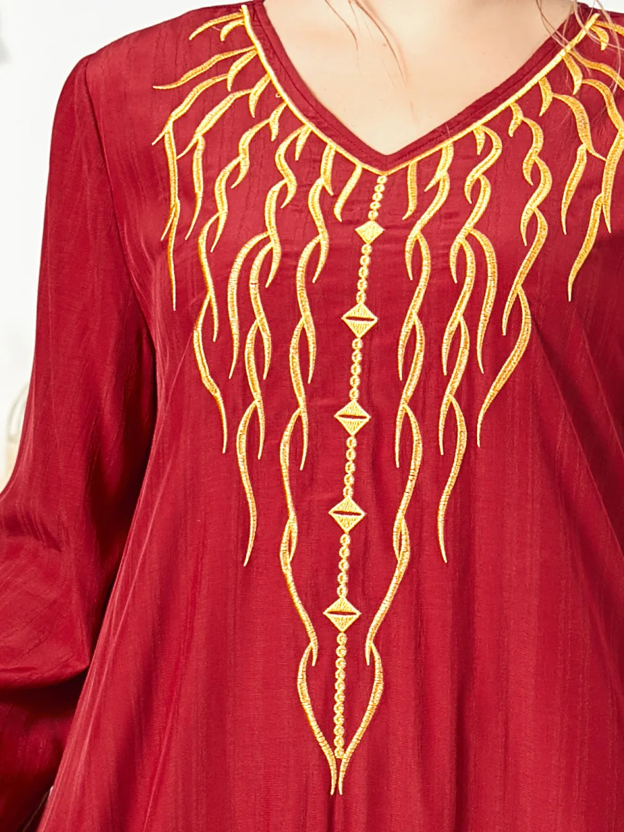 Pure Red with Gold Embroidered 2022 New Wholesale Long Abaya Women Muslim Dress Pleat Designs L-4XL Clothes Women Muslim Fashion