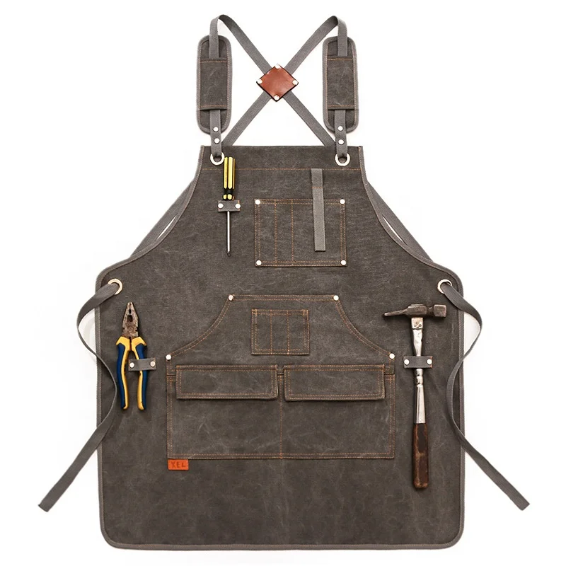 SunYue Waxed Canvas Heavy Duty Carpenter Woodworking Apron With Pockets Cross back Straps