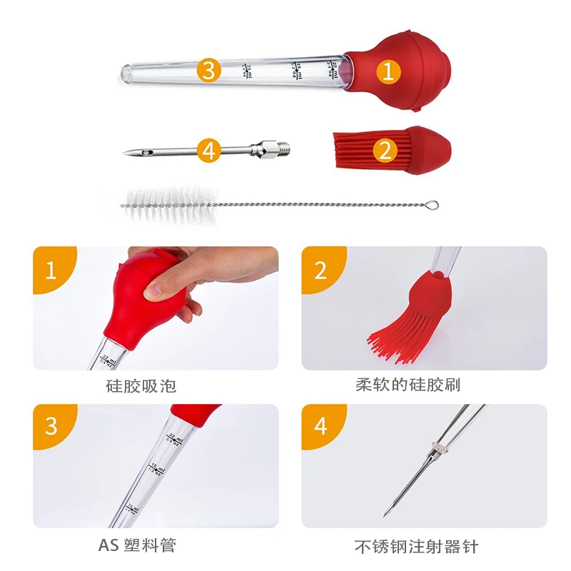 Meat Marinade Injection Cooking 4 Piece Set with BBQ Oil Brush Cleaning Brush Sauce Injection Needle Silicone Turkey Baster