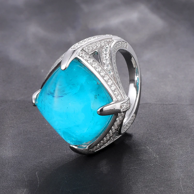 Luxury Sterling Silver Jewelry Gemstone Ring Cubic Zirconia Paraiba Tourmaline Ring