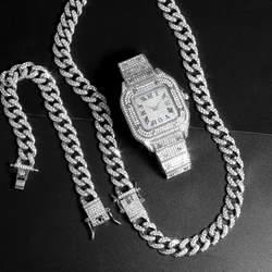 Men Hip hop Watch jewelry sets Iced Out watch for men Cuban Chain Necklace bracelet set Miami Cuban Chain Watches Christmas Gift