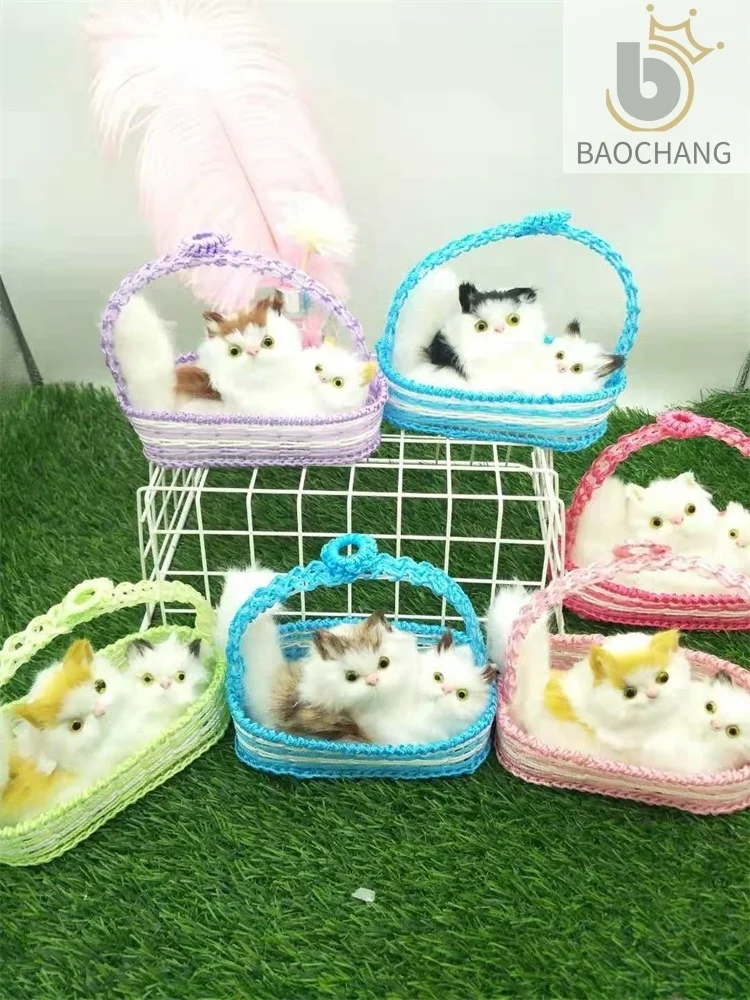 High quality plush animal plush cat in plastic Basket  with sound for  holiday Gifts Home Decoration