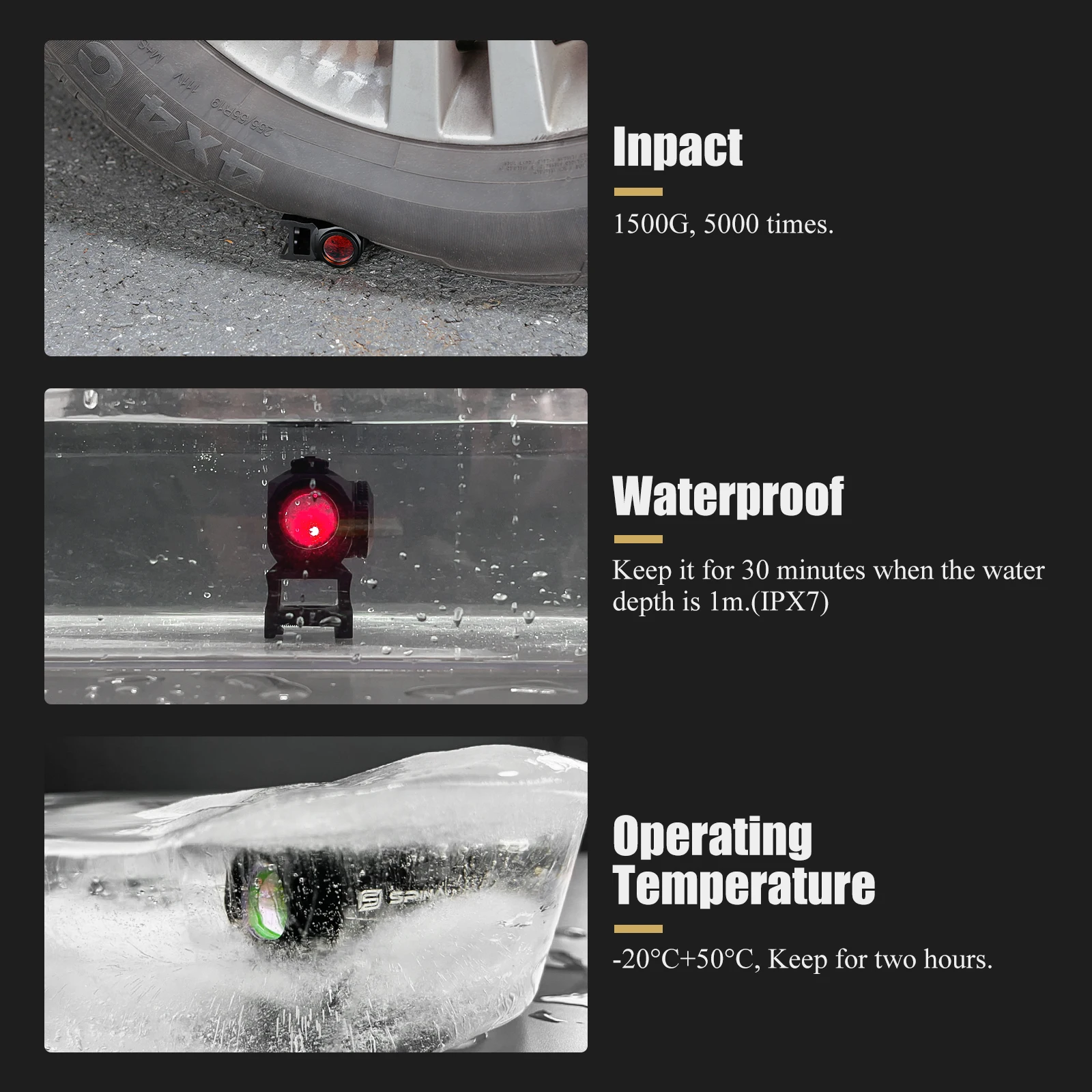 1500G IPX7 Microswitch Shake and Wake Shockproof Waterproof Reflex Sight Red Dot With High and Low Base