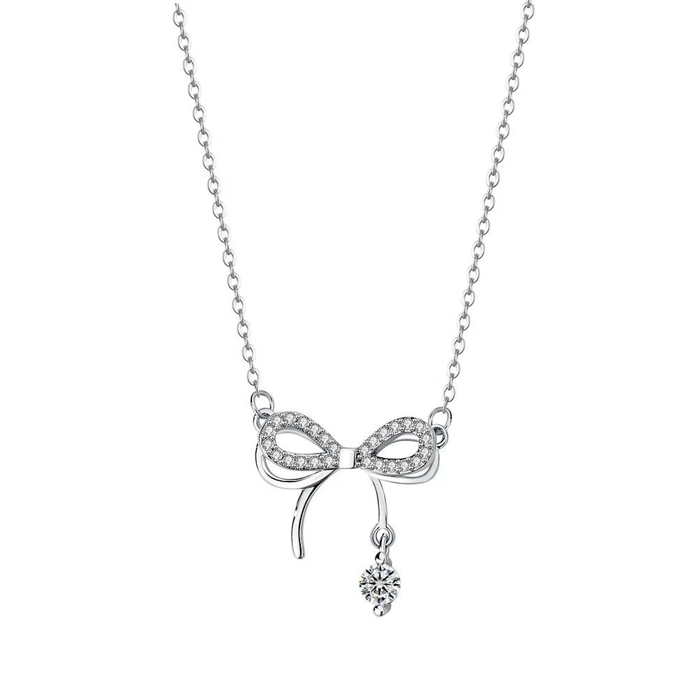 Wholesahle Lovely Sweet 925 Sterling Silver Dainty Fine Jewelry Bow Tie Pendant Necklace for Girl Women