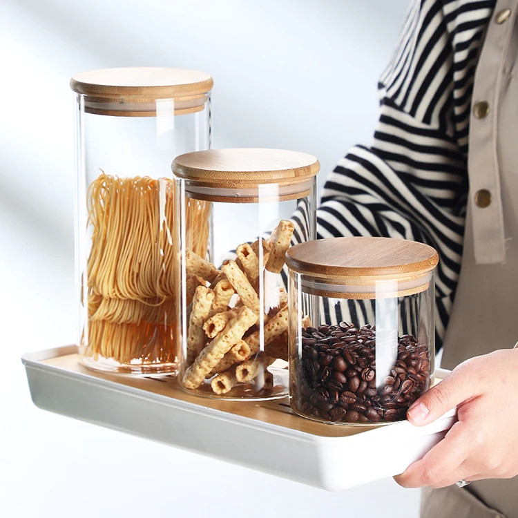 Wholesale Round Clear 16 Oz 24 Oz Glass Canister Jar Set With Bamboo Wooden Lid For Kitchen Spice Tea Coffee Storage