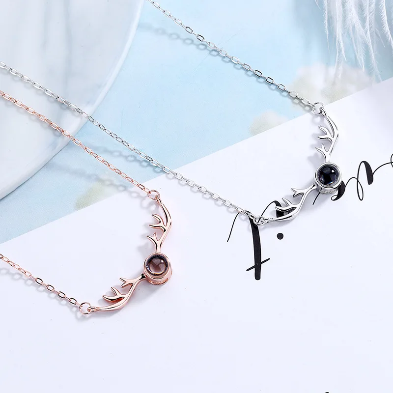 S925 Silver Jewelry Projection Necklace Female Pendant Projection Lettering Elk Antlers Clavicle Chain