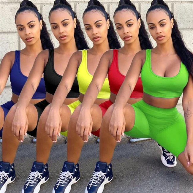 
2021 Summer 2 Piece Set Women Crop Tops And Biker Shorts Sweat Suits Sexy Yoga Wear Outfits Casual Tracksuit Matching Sets 