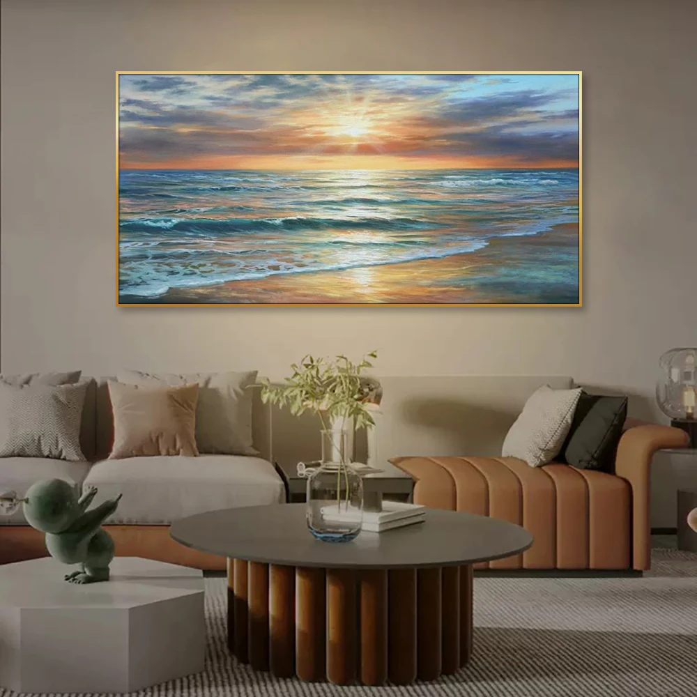 Sunset Ocean Beach Oil Painting Wall Art Natural Seascape Poster Stretched Framed Canvas Print for Home Living Room Decor