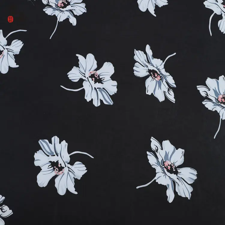 Hot selling 100% polyester white flower pattern digital printed black silk chiffon fabric for women dresses