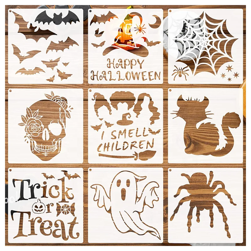 Happy Halloween/Trick or Treat/Spider Web/Skull/Bats/Cat/Ghost Painting Stencils for Halloween Decorations